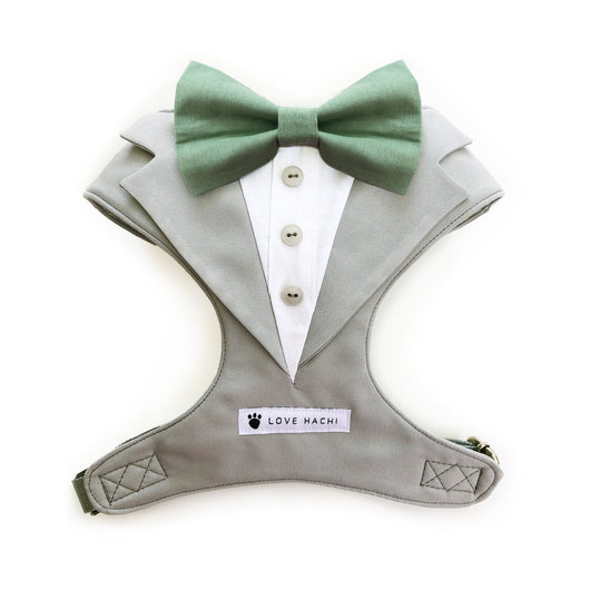 Light Grey & Sage Green Bow Tie Tuxedo Dog Harness